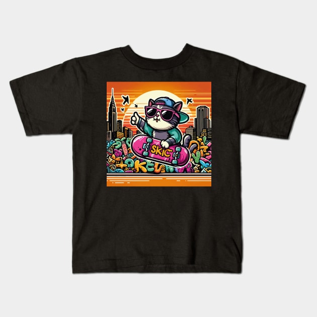 Cat wearing sunglasses and riding a skateboard Kids T-Shirt by SARKAR3.0